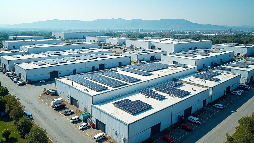 Vue aérienne d'une gigafactory de batteries avec rangées de modules de production et zones de stockage des matières premières