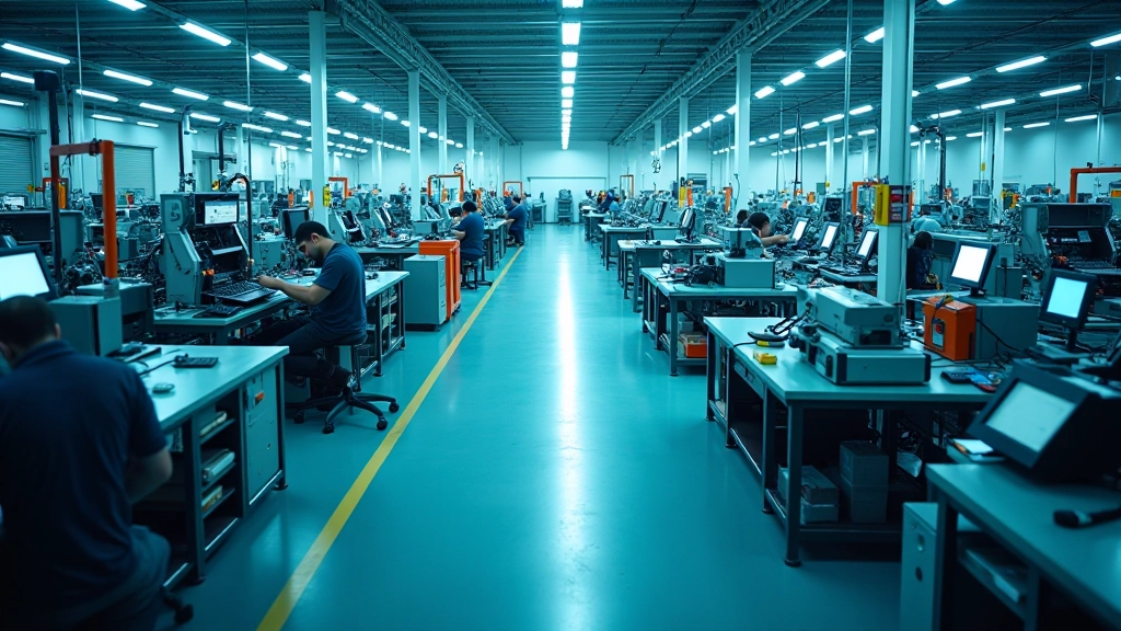 Vue aérienne d'une usine de fabrication moderne avec rangées de machines industrielles et corridors organisés