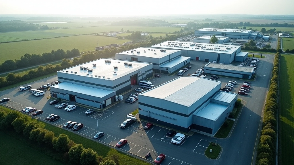 Vue aérienne d'un complexe manufacturier moderne en Europe de l'Est avec plusieurs bâtiments de production et parking