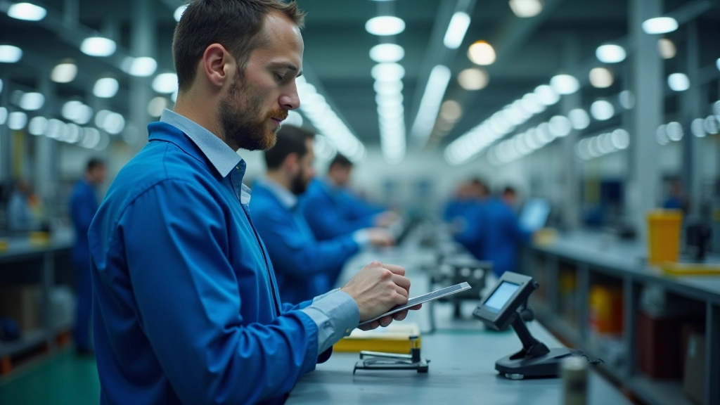 Travailleurs en usine examinent des composants de production