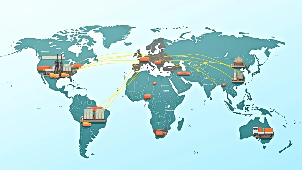 Représentation d'une chaîne d'approvisionnement mondiale interconnectée avec plusieurs pays producteurs reliés par des routes logistiques
