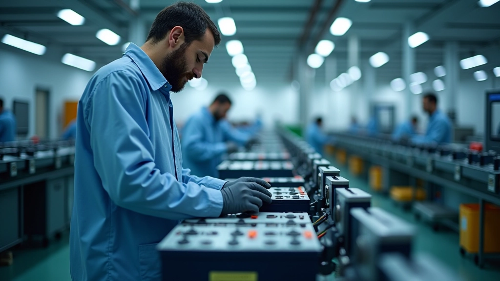 Usine de production avec des travailleurs opérant des machines de fabrication de batteries dans un environnement industriel moderne