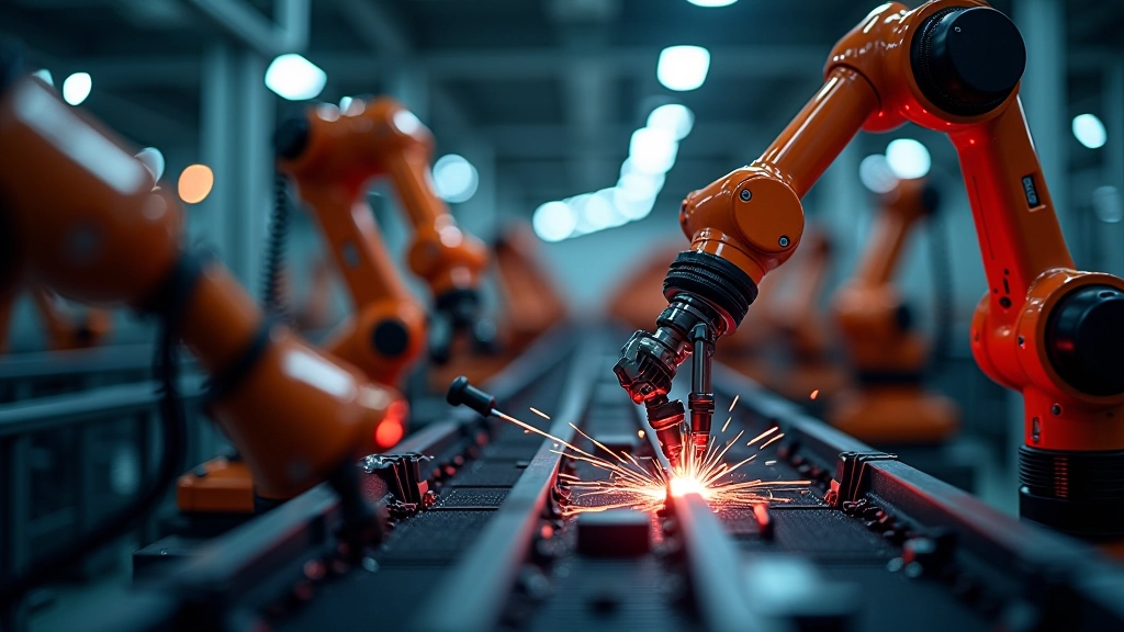 Robots industriels sur une ligne d'assemblage automatisée, bras robotiques programmés avec éclairage rouge de l'usine