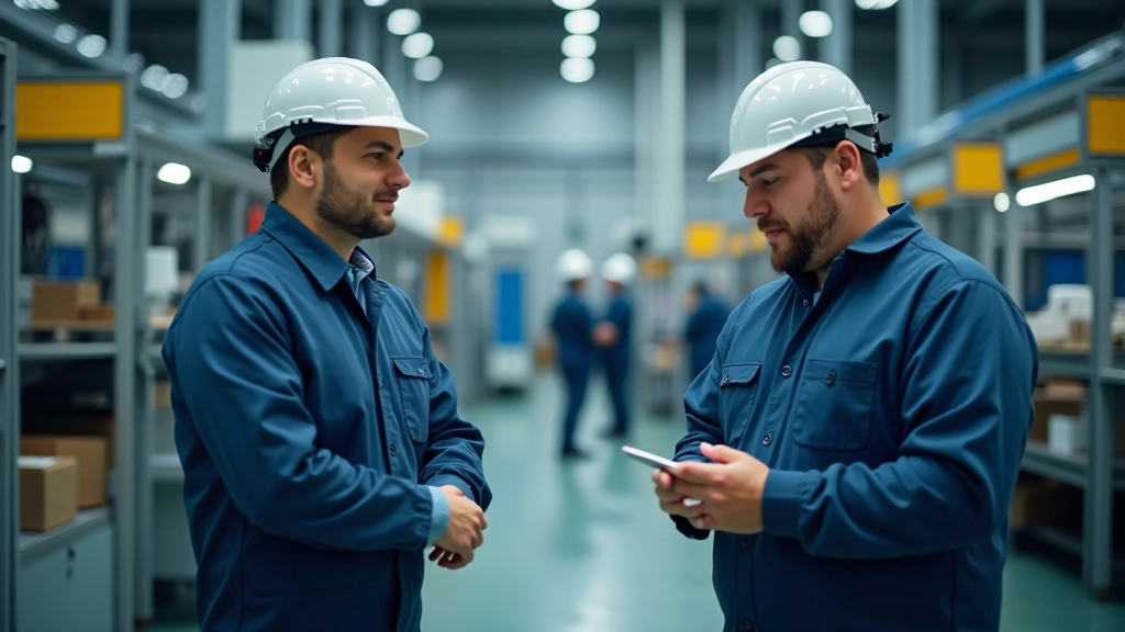 Usine textile historique dans le nord de la France en cours de modernisation, ouvriers en uniforme de travail dans atelier