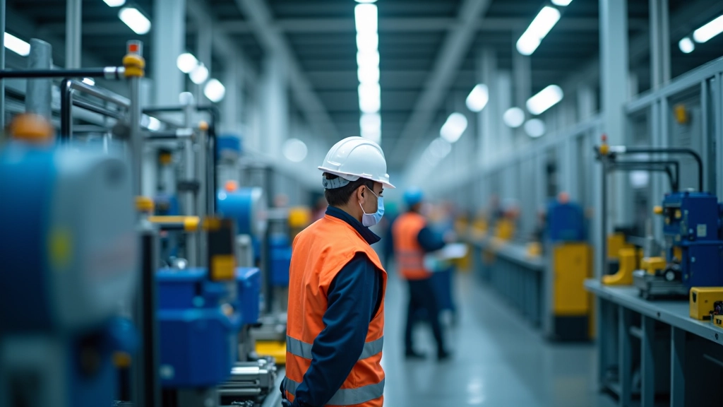 Intérieur moderne d'une usine de fabrication avec équipement automatisé et travailleurs portant des gilets de sécurité