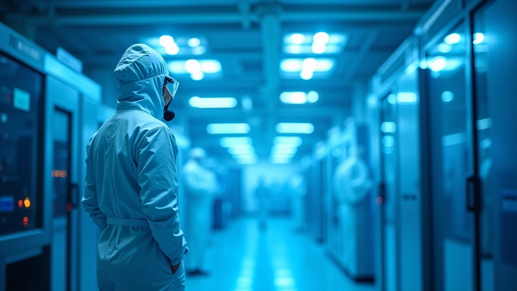 Illustration d'une usine de semi-conducteurs avec des équipements de production de pointe et des salles blanches de haute technologie